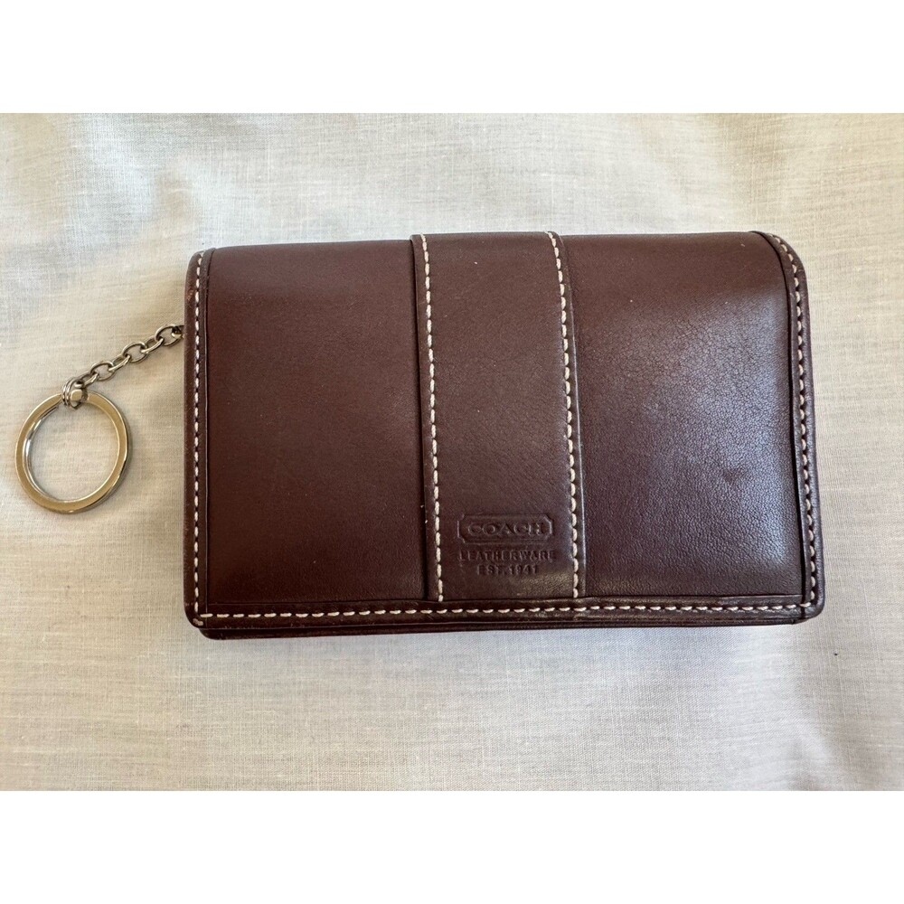 Vintage Coach Mahogany Brown Leather Flap Card Case Wallet Key Ring Coin Pouch